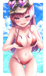  absurdres bad_id bad_pixiv_id beach bikini blush breast_hold breasts eyewear_on_head female heart heart-shaped_eyewear heart_necklace heterochromia highres hololive houshou_marine houshou_marine_(summer) jewelry karashi_(asarikarasi) large_breasts long_hair necklace official_alternate_costume official_alternate_hair_length official_alternate_hairstyle outdoors red_bikini red_eyes red_hair solo sunglasses swimsuit teeth very_long_hair virtual_youtuber 