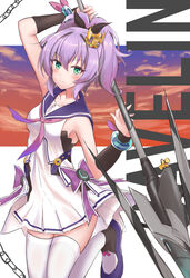  arm_up armpits azur_lane bare_shoulders black_ribbon blue_sky bow bracelet breasts bridal_gauntlets budesonide chains character_name cloud cloudy_sky collarbone commentary cowboy_shot crown dress female gradient_sky green_eyes hair_between_eyes hair_ribbon high_ponytail highres holding_javelin javelin_(azur_lane) javelin_(retrofit)_(azur_lane) javelin_(spear) jewelry looking_at_viewer medium_breasts mini_crown neckerchief orange_sky purple_bow purple_footwear purple_hair purple_neckerchief purple_sailor_collar ribbon sailor_collar sailor_dress shoes sidelocks sky sleeveless sleeveless_dress smile solo symbol-only_commentary thighhighs tilted_headwear waist_bow white_background white_thighhighs zettai_ryouiki 