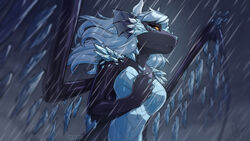  16:9 ailaanne anthro blue_hair crystal dragon female hair miirrym_valos mythological_creature mythological_scalie mythology nude outside raining scalie solo widescreen yellow_eyes 