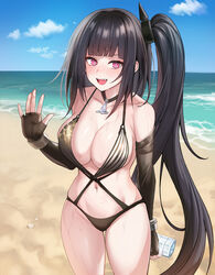  architect_(girls&#039;_frontline) architect_(nvw_model)_(girls&#039;_frontline) bad_id bad_pixiv_id beach beruko14 black_gloves black_one-piece_swimsuit blunt_bangs bottle breasts cleavage collarbone cowboy_shot elbow_gloves female fingerless_gloves girls&#039;_frontline gloves hand_up highres holding holding_bottle large_breasts long_hair looking_at_viewer navel ocean one-piece_swimsuit one_side_up open_mouth outdoors purple_eyes sangvis_ferri smile solo standing swimsuit thighs very_long_hair water water_bottle 