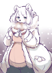  2020 anthro bear blue_eyes breath clothed clothing coat cold female fur hair handwear kemono mammal mittens outside polar_bear setouchi_kurage snow solo topwear ursine white_body white_fur white_hair 