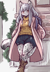  2020 anthro backpack bottomwear clothed clothing coat felid female female_anthro fur grey_body grey_fur grey_hair hair hand_in_pocket hands_in_both_pockets kemono leaning mammal markings pantherine pockets setouchi_kurage shorts snow_leopard solo spots spotted_body spotted_fur sweater topwear 