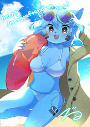  2021 5_fingers :3 :d anthro avi_(mangoafterdawn) bangs beach belly_tuft bikini biped black_nose blue_body blue_fur blue_hair blue_inner_ear_fluff blue_sky blush breasts cheek_tuft cleavage clothed clothing cloud coat cute_fangs day digital_media_(artwork) domestic_cat eyewear_on_head facial_tuft felid feline felis female female_anthro fingers fur grey_eyes hair hi_res inflatable inner_ear_fluff inner_tube kemono kuro_kemo28 light light_beam long_sleeves looking_at_viewer mammal monotone_body monotone_fur monotone_hair navel_tuft open_clothing open_coat open_mouth open_topwear outside pink_tongue pupils raised_leg sea seaside short_hair sky smile solo swimwear tongue topwear trenchcoat tuft water white_bikini white_clothing white_pupils white_swimwear 