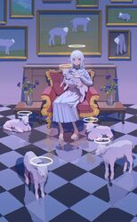  animal animal_ears armchair bad_id bad_pixiv_id barefoot blue_eyes chair commentary dress female flower full_body halo highres holding holding_animal indoors kenharu long_dress long_hair looking_at_viewer original painting_(object) parted_lips purple_flower reflective_floor sheep sheep_ears sitting solo tile_floor tiles toes vase white_dress white_hair 