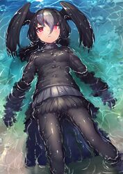  bird_wings black_gloves black_hair black_pantyhose commentary_request feet_out_of_frame female gloves grey_hair grey_skirt hair_between_eyes head_wings highres kemono_friends long_hair long_sleeves looking_at_viewer multicolored_hair panties panty_peek pantyhose parted_lips partially_submerged pleated_skirt red_eyes skirt solo tadano_magu two-tone_hair underwear water water_drop wings yatagarasu_(kemono_friends) 