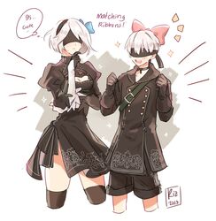  ! 1boy 2b_(nier:automata) 9s_(nier:automata) bag black_blindfold black_choker black_dress black_gloves black_hairband blindfold blue_bow blush bob_cut bow buckle buttons choker cleavage_cutout clenched_hands closed_mouth clothing_cutout commentary covered_eyes cropped_legs diamond_(shape) dinikee dress emphasis_lines english_commentary feather-trimmed_sleeves female gloves hairband hairbow hand_on_own_chin hand_on_own_face hand_up hands_up highres juliet_sleeves long_sleeves mole mole_under_mouth nier:automata nier_(series) open_mouth pink_bow puffy_sleeves short_hair shoulder_bag shoulder_belt sparkle stitches stroking_own_chin talking teeth thighhighs thinking thought_bubble upper_teeth_only white_hair 