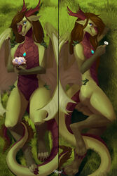  anthro blue_eyes brown_body brown_hair brown_horn dakimakura dakimakura_design detailed_background digital_media_(artwork) dragon female flower grass green_body hair hi_res horn illustration jewelry long_hair lying maaia mythological_creature mythological_scalie mythology necklace on_back on_side painting paws plant scales scalie smile solo tail tail_tuft tuft 