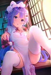  :o azur_lane black_ribbon blush breasts bun_cover china_dress chinese_clothes cleavage cleavage_cutout clothing_cutout commentary_request covered_navel dress feet_out_of_frame female gift hair_ornament hair_ribbon hairclip highres holding holding_gift knee_up long_hair looking_at_viewer nomio official_alternate_costume on_table open_mouth pelvic_curtain ponytail purple_eyes purple_hair revision ribbon short_sleeves sitting small_breasts solo stuffed_winged_unicorn table thighhighs unicorn_(azur_lane) unicorn_(the_gift_of_spring)_(azur_lane) very_long_hair white_dress white_thighhighs wrist_cuffs 