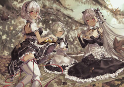  3girls apron autumn autumn_leaves azur_lane biscuit_(bread) black_dress black_nails black_ribbon blanket blonde_hair blush bow braid branch breasts chains cleavage closed_mouth collar commentary corset cup dress eyelashes eyes_visible_through_hair formidable_(azur_lane) french_braid frilled_collar frilled_dress frilled_skirt frills grey_hair hair_over_one_eye hair_ribbon hairbow highres holding holding_cup holding_tray juliet_sleeves kneeling large_breasts leaf long_hair long_sleeves looking_at_viewer looking_back maid maid_apron maid_headdress medium_hair metal_collar momotetu multiple_girls nail_polish open_mouth picnic puffy_sleeves red_eyes red_ribbon ribbon saucer sheffield_(azur_lane) short_sleeves sirius_(azur_lane) sitting skirt tareme teacup teapot thighhighs tray tree twintails very_long_hair wall white_hair white_ribbon white_thighhighs wicker_basket yellow_eyes 