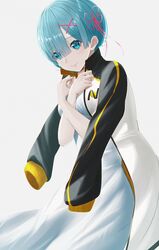  alternate_costume black_jacket blue_eyes blue_hair breasts commentary_request cosplay dress eyes_visible_through_hair female hair_ornament hair_ribbon highres jacket jacket_on_shoulders large_breasts looking_at_viewer natsuki_subaru natsuki_subaru_(cosplay) re:zero_kara_hajimeru_isekai_seikatsu red_ribbon rem_(re:zero) ribbon short_hair simple_background smile solo tenpai track_jacket white_background white_dress x_hair_ornament 