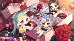  3girls black_hair black_pants blue_bow bow breasts candy chibi chocolate clothing_cutout food forehead green_hair hair_behind_ear hairbow heart heart-shaped_chocolate highres jacket joanna_(smc) medium_breasts mini_person minigirl multiple_girls navel norma_(smc) official_art open_mouth pants ponytail purple_eyes red_bow serena_(smc) short_hair sitting smile stomach_cutout super_mecha_champions valentine white_jacket yoga_pants 