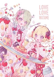  2girls :d animal_ears antlers apple apron bird blonde_hair blue_eyes braid branch ceres_fauna ceres_fauna_(new_year) chick cup drinking_glass drinking_straw egg egg_(food) floral_print flower food fruit golden_apple green_hair hair_flower hair_ornament hair_over_one_eye highres hololive hololive_english horns japanese_clothes ketchup ketchup_bottle kimono long_hair low_twintails maid_apron mayumura multiple_girls obi omelet omurice pink_kimono print_kimono protected_link red_kimono ribbon sash sheep_ears sheep_girl sheep_horns short_hair smile spoon strawberry tomato tsunomaki_watame tsunomaki_watame_(new_year) twintails virtual_youtuber yellow_eyes 