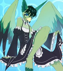  absurd_res anthro avian beak big_ears bird blue_eyes clothed clothing crossdressing enelorin feathers femboy hair hi_res huge_filesize maid_uniform male momobeda open_mouth open_wings paws simple_background solo uniform wings 