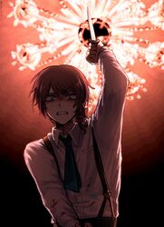  1boy arm_up black_background blood blood_on_clothes blue_eyes blue_necktie bow brown_hair chandelier clenched_teeth collared_shirt edgar_valden from_below hair_between_eyes hairbow highres holding holding_knife identity_v knife looking_at_viewer low_ponytail male_focus medium_hair necktie pov red_bow scowl shirt single_drill solo stab suspenders teeth tendenbarabara upper_body white_shirt 