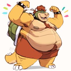  4_fingers anthro armband armpit_hair bearafterall belly biceps big_belly body_hair bottomwear bowser bracelet chest_tuft claws clothing collar double_biceps_pose eyebrow_through_hair eyebrows fangs feet fingers green_shell hair happy hi_res horn jewelry koopa male mario_bros moobs navel nintendo open_mouth overweight overweight_anthro overweight_male red_hair scalie shell shorts simple_background solo spiked_bracelet spiked_collar spiked_shell spikes spikes_(anatomy) teeth translucent translucent_hair tuft white_background 