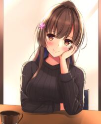  black_sweater blush breasts brown_eyes brown_hair cup female flower hair_flower hair_ornament highres kantai_collection large_breasts long_hair looking_at_viewer ponytail sitting smile solo sweater table toyomi_13 very_long_hair yamato_(kancolle) 