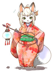  2020 anthro asian_clothing blonde_hair canid canine clothed clothing east_asian_clothing female female_anthro fox fur green_eyes grey_body grey_fur hair holding_object japanese_clothing kemono kimono lamp lantern mammal obi setouchi_kurage solo 