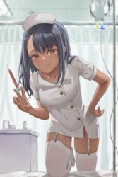  absurdres bandages bed bed_sheet black_hair blush breasts brown_eyes collarbone commentary cosplay curtains dark-skinned_female dark_skin dress_shirt earclip female garter_straps hair_ornament hairclip hand_on_own_hip hat highres holding holding_syringe hospital hospital_bed ijiranaide_nagatoro-san knee_up korean_commentary long_hair looking_at_viewer nagatoro_hayase nail_polish nurse nurse_cap shirt short_sleeves solo syringe thighhighs tongue tongue_out white_shirt white_thighhighs yj_(yojo_san) 