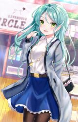  aqua_hair bag bang_dream! black_bag black_pantyhose blue_skirt commentary female green_eyes green_hair green_jacket highres hikawa_sayo jacket long_hair looking_at_viewer outdoors panipo pantyhose pencil_skirt shirt skirt solo standing table white_shirt 