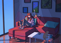  animal_ears barefoot brown_hair brown_pants cellphone closed_eyes commentary_request couch cup cushion disposable_coffee_cup disposable_cup drawing_(object) feline female full_body highres indoors kenharu ligne_claire long_hair long_sleeves on_couch original pants parted_lips phone purple_sweater sitting sleeping sleeves_past_wrists smartphone solo sweater table wooden_floor 