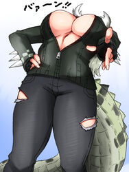  bad_id bad_pixiv_id black_gloves black_pants boa_hancock breasts commentary_request crocodilian_tail feet_out_of_frame female fingerless_gloves fingernails gloves green_hair green_jacket hand_on_own_hip highres huge_breasts isna_(footprintsofisna) jacket kemono_friends leaning_back long_hair long_sleeves multicolored_hair no_bra one_piece outstretched_arm pants parody partially_unzipped pointing pointing_at_viewer pose saltwater_crocodile_(kemono_friends) solo spikes standing stomach tail torn_clothes torn_pants two-tone_hair white_hair zipper zipper_pull_tab 