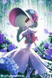  blush bonnet colored_skin female flower gardevoir gardevoir_(fashionable) green_hair hair_over_one_eye highres looking_at_viewer multicolored_skin naturesminne open_mouth pokemon pokemon_(creature) pokemon_unite red_eyes short_hair simple_background smile solo standing two-tone_skin white_skin 