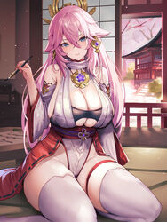  adapted_costume alternate_eye_color animal_ears architecture bare_shoulders black_bra blue_eyes blush bra breasts building cherry_blossoms cleavage cleavage_cutout closed_mouth clothing_cutout commentary_request crossed_bangs curvy detached_sleeves earrings east_asian_architecture female flower_knot fox_ears genshin_impact groin hair_between_eyes hair_ornament highres holding holding_paintbrush huge_breasts indoors japanese_clothes jewelry long_hair looking_at_viewer matsumoto_mitsuaki nontraditional_miko on_floor paintbrush pink_hair ribbon_trim sideboob sitting smile solo tassel thick_thighs thighhighs thighs tree underboob underwear white_thighhighs wide_sleeves yae_miko yokozuwari 