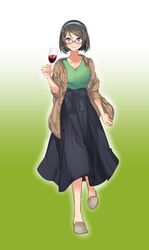  absurdres alcohol alternate_costume black_hair blue_hairband breasts brown_jacket commentary_request cup drinking_glass female full_body glasses gradient_background green_shirt grey_eyes hairband highres holding jacket kantai_collection kirishima_(kancolle) long_skirt purple-framed_eyewear shirt short_hair simple_background skirt slippers smile solo standing wine wine_glass yamabuki0211 