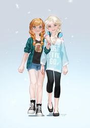  2girls alternate_costume anna_(frozen) bare_legs black_footwear black_legwear black_shirt blonde_hair blue_background blue_eyes blue_shorts blush braid checkered_clothes checkered_shirt closed_mouth collarbone commentary_request contemporary elsa_(frozen) family frozen_(disney) full_body gradient_background hand_on_another&#039;s_arm headphones headphones_around_neck highres jane_mere long_hair long_sleeves looking_at_viewer multiple_girls open_clothes open_shirt orange_hair parted_lips shadow shirt shoes shorts siblings simple_background single_braid sisters sleeves_rolled_up smile sneakers snowing twin_braids walking 