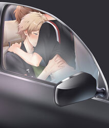  2boys ass bad_id bad_pixiv_id blonde_hair blue_eyes blush brown_hair car car_seat censored ensemble_stars! green_shirt highres jacket kindo looking_at_viewer male_focus morisawa_chiaki motor_vehicle multicolored_hair multiple_boys open_mouth penis ryuuseitai_(ensemble_stars!) sex shirt short_hair streaked_hair t-shirt takamine_midori windshield yaoi 