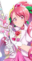  choker closed_mouth commentary_request cure_grace earrings female gloves hanadera_nodoka healin&#039;_good_precure healing_animal healing_wand heart highres jewelry konboi-eg long_hair looking_at_viewer magical_girl pink_choker pink_eyes pink_hair precure rabirin_(precure) simple_background smile tiara white_background white_gloves 