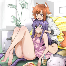  2girls :d animal_ear_fluff animal_ears ass bare_legs barefoot breasts brown_eyes brown_hair bubble_tea camisole cat-shaped_pillow cat_ears cat_tail choker coat controller couch crossed_ankles cup curtains day disposable_cup dog_ears dog_tail dot_nose frown green_eyes hands_on_another&#039;s_shoulders head_on_head head_rest hug hug_from_behind indoors jacket knees_up legs legs_together long_hair looking_away multiple_girls nakahira_guy no_pants on_floor open_mouth original paint_roller panties pink_panties plant potted_plant purple_hair reclining remote_control short_hair sitting smile snack tail thighs underwear white_coat yuri 