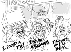  +++ 3boys :d bad_id banana bb_(baalbuddy) broken_window commentary elf english_commentary english_text female food fruit goblin greyscale highres inactive_account long_hair monochrome multiple_boys open_mouth original pointy_ears rioting sharp_teeth smile teeth television 