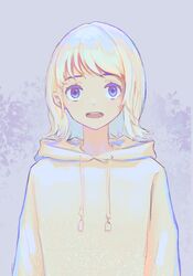  commentary drawstring english_commentary female highres hood hood_down hoodie kenharu light_particles limited_palette looking_at_viewer open_mouth original purple_background purple_eyes short_hair solo teeth upper_body upper_teeth_only yellow_hoodie 