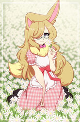  alternative_fashion anthro chamomile clothed clothing collar country_lolita digital_media_(artwork) eyewear female flower glasses hair hair_over_eye hi_res holding_flower holding_object j-fashion lagomorph leporid lolita_(fashion) looking_at_viewer mammal one_eye_obstructed plant rabbit re-sublimity-kun shaded sitting solo 