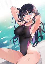  :o armpits arms_behind_head arms_up ayamy bare_arms bare_shoulders black_hair black_one-piece_swimsuit blue_eyes breasts commentary competition_swimsuit covered_navel female hair_ornament highleg highleg_swimsuit highres large_breasts long_hair looking_at_viewer miyawaki_sana multicolored_hair one-piece_swimsuit open_mouth original poolside sitting solo swimsuit thighs tongue tongue_out two-tone_hair unfinished water wet x_hair_ornament 