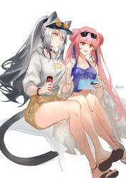  2girls :d absurdres animal_ears arknights bare_legs bare_shoulders camisole cat_ears cat_tail cellphone ceylon_(arknights) ceylon_(holiday)_(arknights) commentary_request double_bun eyewear_on_head grey_eyes grey_hair grey_hoodie hair_bun highres holding holding_phone hood hoodie long_hair multiple_girls open_mouth phone ponytail sandals schwarz_(arknights) shirix-xianyuxuan simple_background sitting sleeveless smartphone smile spaghetti_strap sunglasses tail thighs very_long_hair white_background 