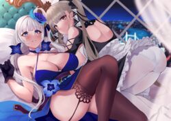  2girls azur_lane blue_dress blue_eyes blue_gloves blush breasts cleavage collarbone dress formidable_(azur_lane) gloves hair_ornament highres illustrious_(azur_lane) illustrious_(never-ending_tea_party)_(azur_lane) long_hair looking_at_viewer looking_back mole mole_under_eye multiple_girls official_alternate_costume panties panties_under_pantyhose pantyhose parted_lips red_eyes smile thighs twintails underwear wee_(weeyy) white_panties white_pantyhose 