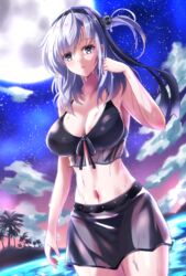  absurdres bikini black_bikini black_headband breasts cowboy_shot female full_moon grey_eyes grey_hair hachimaki headband highres kantai_collection kentan_(kingtaiki) large_breasts long_hair moon navel night one_side_up outdoors palm_tree solo standing suzutsuki_(kancolle) suzutsuki_(swimsuit_mode)_(kancolle) swimsuit tree wading 