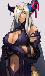  arms_under_breasts asymmetrical_horns bare_shoulders breasts cleavage commentary_request cowboy_shot crossed_arms female fire_emblem fire_emblem_engage grey_background grey_horns hair_ornament hair_over_one_eye highres horns large_breasts long_hair mature_female pointy_ears purple_eyes purple_ribbon revealing_clothes ribbon seinikuten solo tan tassel tassel_hair_ornament uneven_horns zephia_(fire_emblem) 