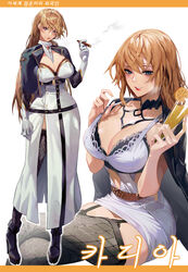  alcohol black_legwear blonde_hair blue_eyes blush boots border breasts choker cigarette cleavage commentary_request cropped_jacket crossed_legs cup dress drinking_glass female garter_straps gloves gyudong123 hair_between_eyes high_heel_boots high_heels highres holding holding_cigarette holding_cup jacket jacket_on_shoulders korean_commentary large_breasts long_hair orange_border original parted_lips short_dress side_slit sitting standing strap_pull thighhighs thighs white_background white_dress white_gloves 