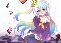  bare_shoulders blue_hair blue_thighhighs card checkered_floor chess_piece commentary_request crown female green_hair hair_between_eyes kana_(kuaua) long_hair looking_at_viewer multicolored_hair no_game_no_life off_shoulder school_uniform serafuku shiro_(no_game_no_life) solo thighhighs yellow_eyes 