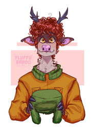  absurd_res alternate_species antlers bardo_en_krisis black_hooves cel_shading clothed clothing comedy_central curled_hair deer digital_drawing_(artwork) digital_media_(artwork) fingers furrification green_clothing green_hat green_headwear hair half-length_portrait har hat headgear headwear hi_res hooved_fingers hooves horn jacket kyle_broflovski mammal orange_clothing orange_jacket orange_topwear pink_nose portrait shaded simple_background solo south_park topwear 