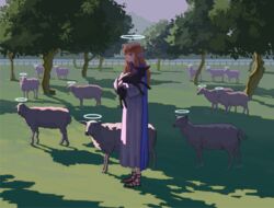  absurdres animal aqua_eyes black_sheep blue_robe closed_mouth commentary day english_commentary female full_body grass halo highres holding holding_animal horns kenharu long_hair long_sleeves looking_at_viewer mountain orange_hair original outdoors purple_sky robe sandals shade sheep sheep_horns sky solo standing tree white_robe 