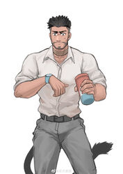  1boy absurdres bara beard belt black_hair bulge cat_tail facial_hair feet_out_of_frame highres holding kuro_(kuroshima_kurishiro) kuroshima_kurishiro_(muyi24108414) male_focus mature_male muscular muscular_male original pants pectorals shirt short_hair solo tail thick_eyebrows undercut 