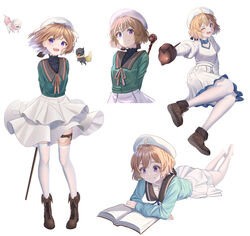  :d ;d absurdres ahoge beret black_sailor_collar blonde_hair blue_neckwear blue_ribbon blue_sweater blush book boots breasts brown_footwear brown_ribbon chinese_commentary closed_mouth commentary cross-laced_footwear dress eyebrows_hidden_by_hair female frilled_dress frills green_skirt has_bad_revision has_downscaled_revision hat highres iwanaga_kotoko juliet_sleeves kyokou_suiri lace-up_boots layered_skirt long_sleeves lying md5_mismatch mobu_(wddtfy61) multiple_views neck_ribbon no_shoes on_stomach one_eye_closed open_book open_mouth pleated_skirt prosthesis prosthetic_leg puffy_sleeves purple_eyes resolution_mismatch ribbon sailor_collar simple_background skirt small_breasts smile source_smaller sweater teeth thighhighs thighhighs_under_boots upper_teeth_only white_background white_dress white_headwear white_legwear white_skirt 