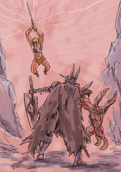  2boys abs absurdres adi_(adivider) arm_guards armor barbarian blonde_hair blue_armor boots cape claws crossover eyeball fake_horns fantasy he-man helmet highres holding holding_sword holding_weapon horned_helmet horns huge_weapon left-handed manly masters_of_the_universe multiple_boys muscular nightmare_(soulcalibur) red_eyes short_hair soul_edge_(weapon) soulcalibur soulcalibur_v sword sword_of_power weapon zweihander 