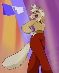  4:5 absurd_res anthro bottomwear brown_eyes cats_don&#039;t_dance clothing dancing domestic_cat felid feline felis female fur hi_res lipstick makeup mammal misspooks outside pants sawyer_(cats_don&#039;t_dance) shirt solo topwear warner_brothers white_body white_fur 