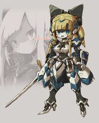  absurdres artist_name blue_eyes bow clenched_hand female hair_behind_ear high_heels highres holding holding_sword holding_weapon humanoid_robot kuruton486 looking_to_the_side looking_up luca_(kuruton486) mechanization original projected_inset robot smile solo_focus sword weapon 