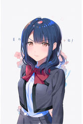  arms_at_sides blue_hair blush bow bowtie breast_pocket breasts closed_mouth collared_shirt commentary female floral_background grey_background grey_jacket grey_skirt hanayagi_kaoruko jacket kongya korean_text long_sleeves looking_away medium_breasts medium_hair open_clothes open_jacket petals pocket red_bow red_bowtie school_uniform seishou_music_academy_uniform shirt shirt_tucked_in shoujo_kageki_revue_starlight skirt solo standing text_background translated upper_body v-shaped_eyebrows white_shirt yellow_eyes 